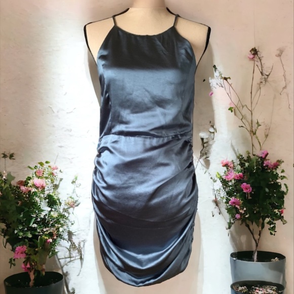 Line and Dot Reveal Collection Steele Blue Open Back Satin Dress - Picture 5 of 12